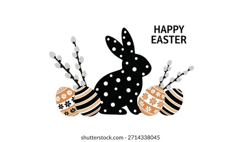 Un conejo de lunares negros se sienta entre huevos de Pascua rayados y estampados con ramas de sauce gris formando una exhibición festiva de primavera que dice Feliz Pascua.