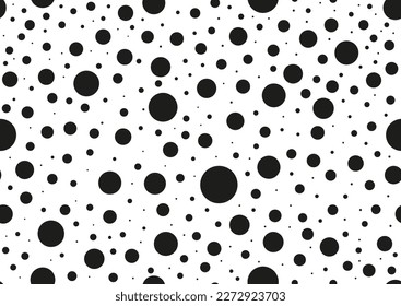 Schwarzes Polka-Dot-Kreisdiagramm mit wahlfreiem Muster auf weißem Hintergrund. Abstrakter Designkreis formt schwarzen Spot-Druck auf weißem Hintergrund. Einfache Fleckchen endloser Textur.