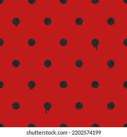Black Polka Dot on Red Bloody Backdrop, Halloween Background, Seamless Pattern. Spooky Illustration for Holidays, Wrapping Paper, Texture EPS Vector.