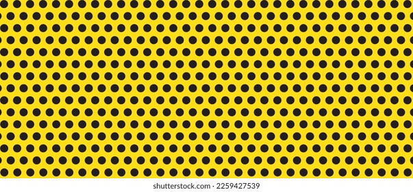 Black polka dot pattern on yellow background. Straight dot pattern for backdrop and wallpaper template. Classic polka dot lines with repeat stripes texture. Polka background, vector illustration