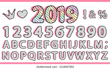 Black polka dots alphabet letters set. Vector retro vintage typography. Font collection for title or headline modern kids design. Girl doll style. Cute and sweet numbers. Princess doodle crown. 