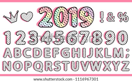 Black polka dots alphabet letters set. Vector retro vintage typography. Font collection for title or headline modern kids design. Girl doll style. Cute and sweet numbers. Princess doodle crown.  Stock photo © 