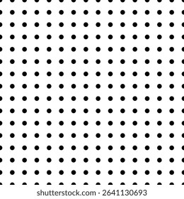 Black polka dots on white background in a repeating pattern, simple and clean design