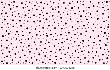Black polka dots in random pattern on pale pink background - vector illustration.