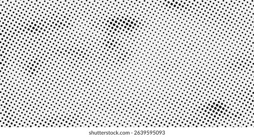 Black polka dots seamless pattern on white background. Halftone minimalist abstract wall in diagonal lines.