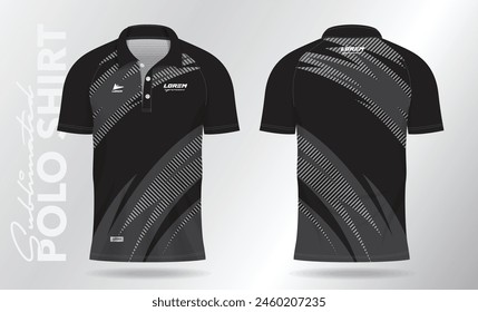 black polo jersey shirt mockup template design for badminton, tennis, soccer, football or sport uniform in front view and back view.