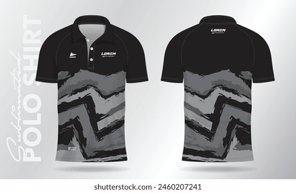 Schwarzes Polojersey Shirt Mockup Vorlage Design für Badminton, Tennis, Fußball oder Sportuniform in Vorder- und Rückansicht.