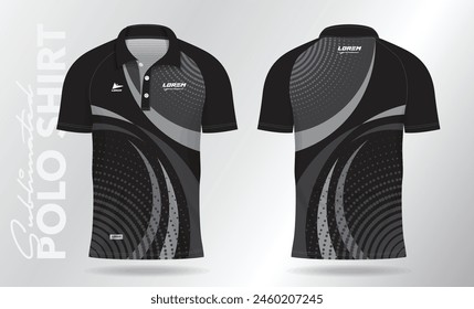 black polo jersey shirt mockup template design for badminton, tennis, soccer, football or sport uniform in front view and back view.