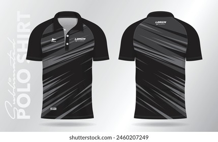 black polo jersey shirt mockup template design for badminton, tennis, soccer, football or sport uniform in front view and back view.