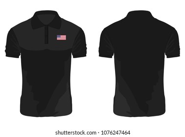 Black Polo shirt, clothes on isolated white background.T-shirt Polo black template for design on white background. Vector illustration eps 10.USA flag