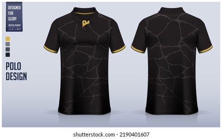 Black Polo Shirt Mockup Template Design For Soccer Jersey, Football Kit, Golf, Tennis, Sportswear. Mosaic Pattern Design. Sport Uniform In Front View, Back View. Vector Illustration.