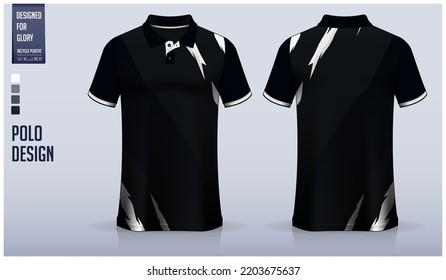 Black polo shirt mockup template design for soccer jersey, football kit, golf, tennis, sportswear. Brushstroke pattern design. Sport uniform in front view, back view. Vector Illustration.