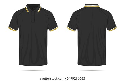 Black polo shirt mockup with yellow stripes front and back view