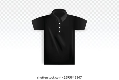 Black Polo Shirt Vector: Realistic Fabric, Light Checkered Background, Classic Design, Short Sleeves, Buttoned Placket, Apparel Mockup, 3D Rendering, Transparent Element, Minimalist Style.