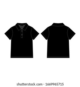 Black polo t-shirt for children's isolated on white background. Front and back technical sketch polo t shirt. Technical drawing kids clothes. Sportswear, uniform clothes. Vector fashion illustration.