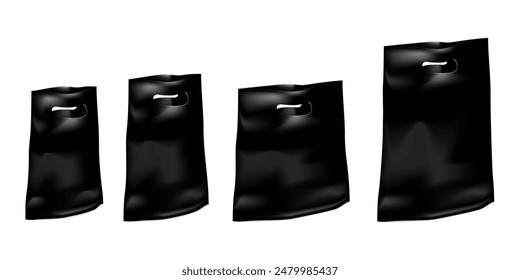 Black poly bag with cut out handles isolated on white background. Realistic vector mockup set. Die-cut handle polybag template. Blank plastic package mock-up