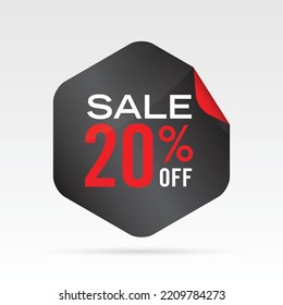 Vector de venta de etiquetas de polígono negro, 20% de descuento.
