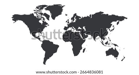 
A black polygon world map, with a solid silhouette of all continents, isolated against a transparent background. A versatile graphic for global projects.