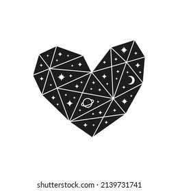 Black polygonal celestial heart with stars and planet isolated on white background. Outer space. Low poly geometric shape.