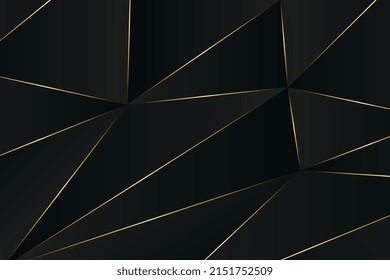 Black polygonal design background with golden lines. Low poly background in abstract art style