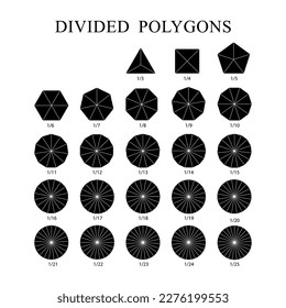 Black Polygons divided into equal segments from 3 to 25 parts isolated on the white background. Vector.