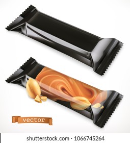 Black polymer packaging for foods. Chocolate bar, 3d realistic vector icon