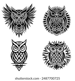 Black Polynesian tattoo of a scary owl, pattern, cut out. Vector set of monochrome sketches on white background