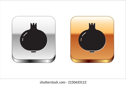 Black Pomegranate icon isolated on white background. Garnet fruit. Silver-gold square button. Vector