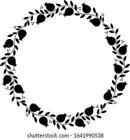 Black pomegranates ornament  branches  with fruits round frame, decorative vector element