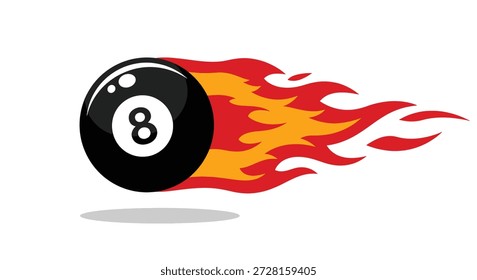 Una pelota de billar negra con el número 8 en un lugar destacado, detrás de llamas naranjas y rojas vibrantes.