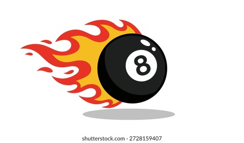 Una pelota de billar negra con el número 8, representada con llamas vibrantes detrás de ella, sugiriendo velocidad o intensidad.