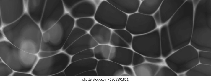 Black pool water texture with realistic caustic reflections and ripple waves. Top view underwater background with deep liquid surface, soft light distortion and bokeh effect. Grayscale vector bg