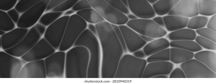 Black pool water texture with realistic caustic reflections and ripple waves. Top view underwater background with deep liquid surface, soft light distortion and bokeh effect. Grayscale vector bg