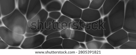 Black pool water texture with realistic caustic reflections and ripple waves. Top view underwater background with deep liquid surface, soft light distortion and bokeh effect. Grayscale vector bg