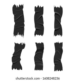 Black poorly glued and wrinkled sticky tape on isolated background, realistic vector illustration
