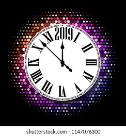 Black pop art 2019 New Year background with white round clock. Christmas greeting card or decoration. Vector paper illustration.


