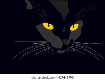 Black Pop Art Cat on Black Background.Vector Black Cat with Yellow Eyes.Realistic Black Cat Illustration.