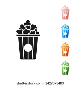 Black Popcorn in cardboard box icon isolated on white background. Popcorn bucket box. Set icons colorful. Vector Illustration