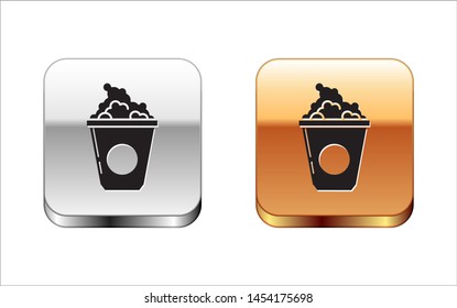 Black Popcorn in cardboard box icon isolated on white background. Popcorn bucket box. Silver-gold square button. Vector Illustration