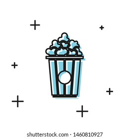 Black Popcorn in cardboard box icon isolated on white background. Popcorn bucket box.  Vector Illustration