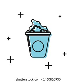Black Popcorn in cardboard box icon isolated on white background. Popcorn bucket box.  Vector Illustration