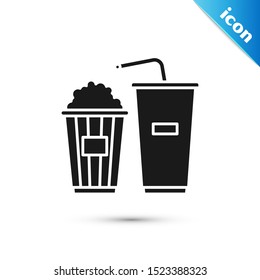 Black Popcorn in cardboard box and paper glass with drinking straw and water icon isolated on white background. Soda drink glass.  Vector Illustration