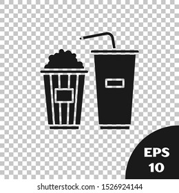 Black Popcorn in cardboard box and paper glass with drinking straw and water icon isolated on transparent background. Soda drink glass.  Vector Illustration