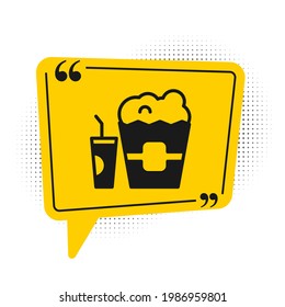 Black Popcorn in cardboard box and paper glass with drinking straw and water icon isolated on white background. Soda drink glass. Yellow speech bubble symbol. Vector