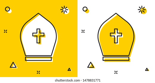 Black Pope hat icon isolated on yellow and white background. Christian hat sign. Random dynamic shapes. Vector Illustration