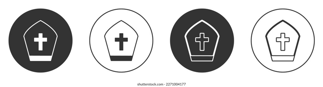 Black Pope hat icon isolated on white background. Christian hat sign. Circle button. Vector