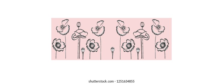 black poppies on pink pretty cute background flower composition