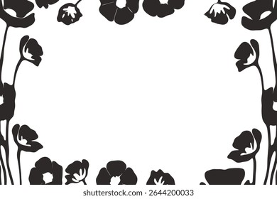 Black poppy flower border vector illustration with silhouette floral frame on white background, place for a text
