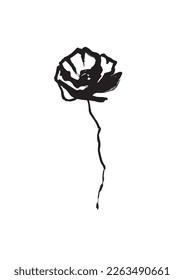 black poppy flower painting. one line drawing poppy design. the flower is drawn with a black brush. vertical long flower illustration.