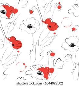 Black poppy pattern silhouette with red spots isolated on white, vector seamless background